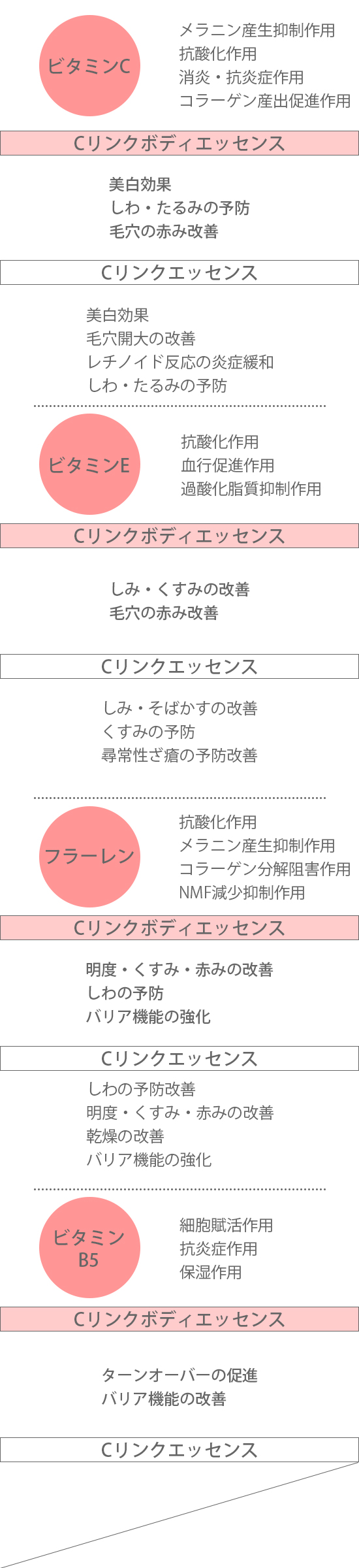 ビタミンC 美白効果、しわ・たるみの予防、毛穴の赤み改善　ビタミンE しみ・くすみの改善、毛穴の赤み改善　フラーレン 明度・くすみ・赤みの改善、しわの予防、バリア機能の強化　ビタミンB5 ターンオーバーの促進、バリア機能の改善