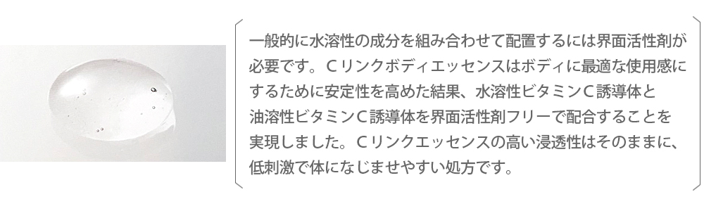 ビタミンC 美白効果、しわ・たるみの予防、毛穴の赤み改善　ビタミンE しみ・くすみの改善、毛穴の赤み改善　フラーレン 明度・くすみ・赤みの改善、しわの予防、バリア機能の強化　ビタミンB5 ターンオーバーの促進、バリア機能の改善